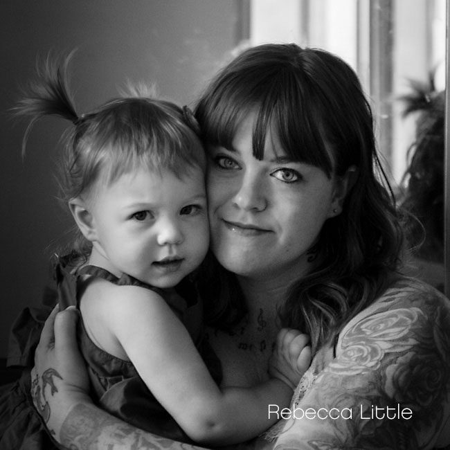 Black and white portrait of mom and daughter by Rebecca Little