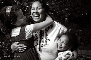 A mom and her daughters black and white portrait in La Canada relaxed family lifestyle photos by Rebecca Little Photography in Pasadena CA