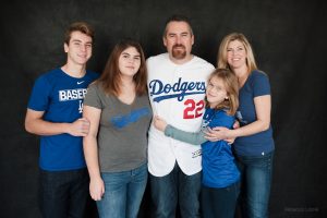 Family weraing LA Dodgers clothing for the family Christmas card Rebecca Little Photography Pasadena CA