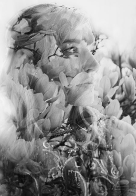I love conceptualizing creative headshots Los Angeles! This images is a black and white double exposure. It features a woman in her 20's with blonde hair and brown eyes. The base layer image is her semi-profile looking to the right. The second layer is blossoms and tree branches. I superimposed them and came up the this creative headshot. Rebecca Little Photography in Pasadena, CA.
