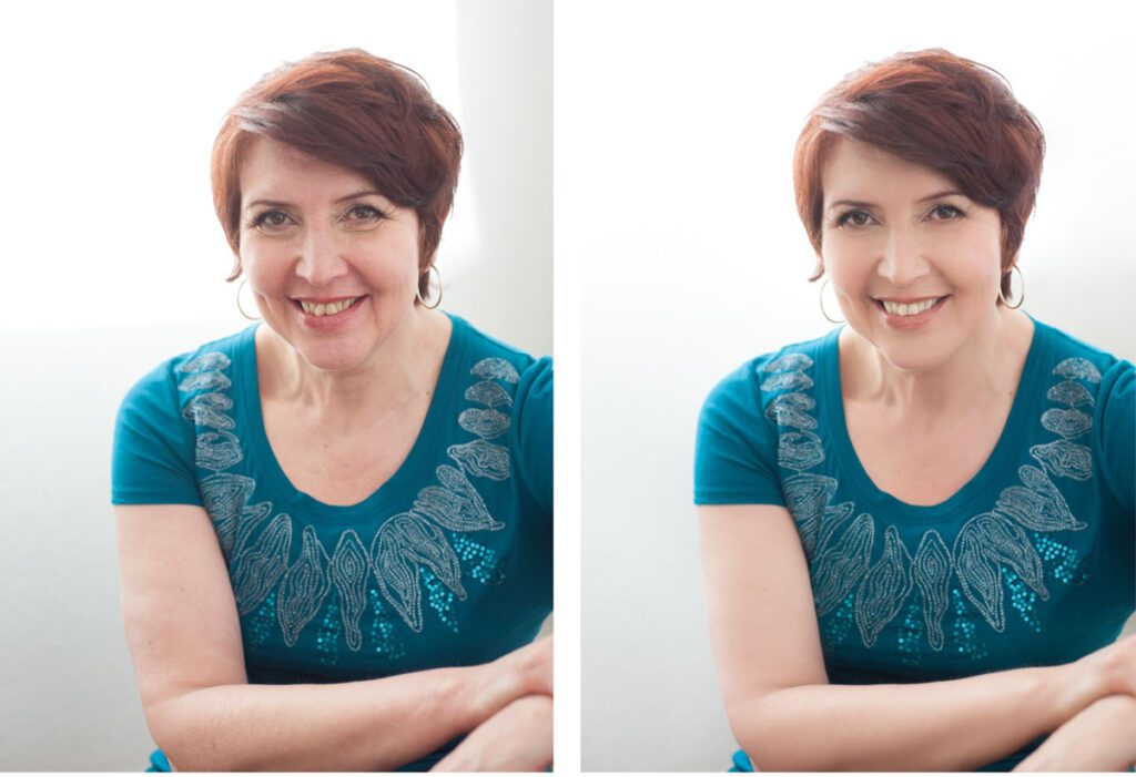 Here are two images that show the before and after of headshot retouching This client is wearing a beautiful bright blue - almost teal - blouse with decorative edging around the collar. The sun is streaming through the window behind her and surrounding her with the most flattering bright light. It creates a halo around her hair. Her hair is red and cropped short. She's wearing large silver hoop earrings. Her skin is pale. During the retouching, i smoothed her skin, reduced facial redness, lessened the bags under her eyes, whitened her teeth, and smoothed her hair. This headshot was taken by Rebeca Little Photography in Pasadena, CA.