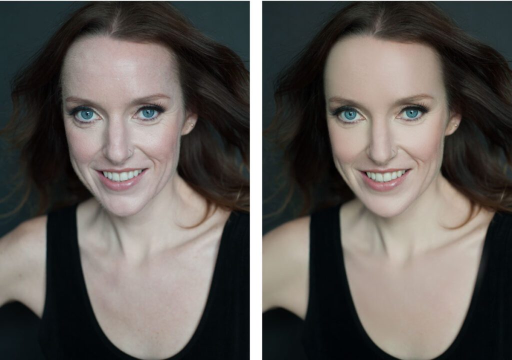 This is a side-by-side image of a headshot client of Rebecca Little Photography showing the before and after of headshot retouching. On the left is a beautiful image of the client before headshot retouching and the image on the left is after headshot retouching. I have softened her skin, removed fine lines, reduced facial redness, and enhanced the blue of her eyes. There is a noticeable difference, but she still looks like her self. You don't want to overdo retouching because you want to look natural and you want your headshot to be recognizable