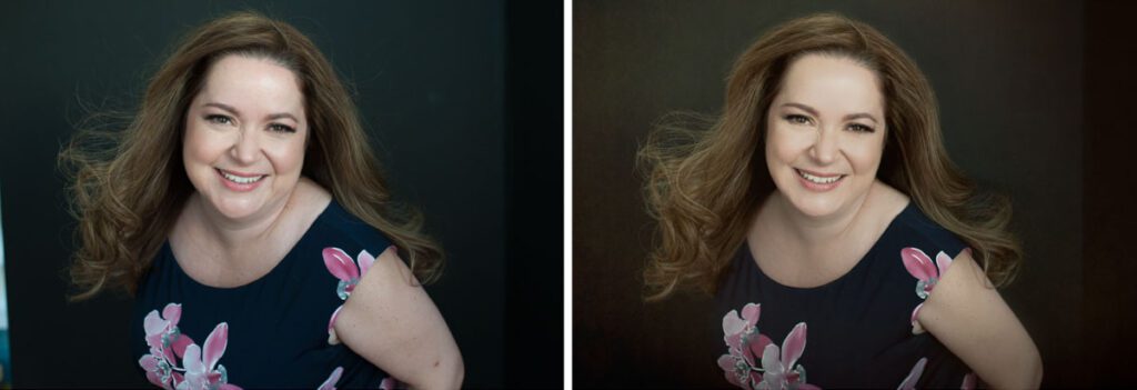 Before and after photos showing headshot retouching on female client photographed by Rebecca Little Photography/ Sandee has beautiful thick light brown hair with golden highlights. It is being blown with a fan that's just off camera. She has pale skin and a generous smile. She's wearing a dark blue sleeveless dress with large pink and white flowers. There are two photos. One shows before retouching and one shows after retouching. Headshot retouching is important to present a flattering image. We have removed blemishes and reduced skin redness. Her hair has been smoothed and fluffed out a bit. We slimmed her upper arm and removed red spots. These imperfections are present in everyone.Headshot retouching gives a polished look to the finished product.