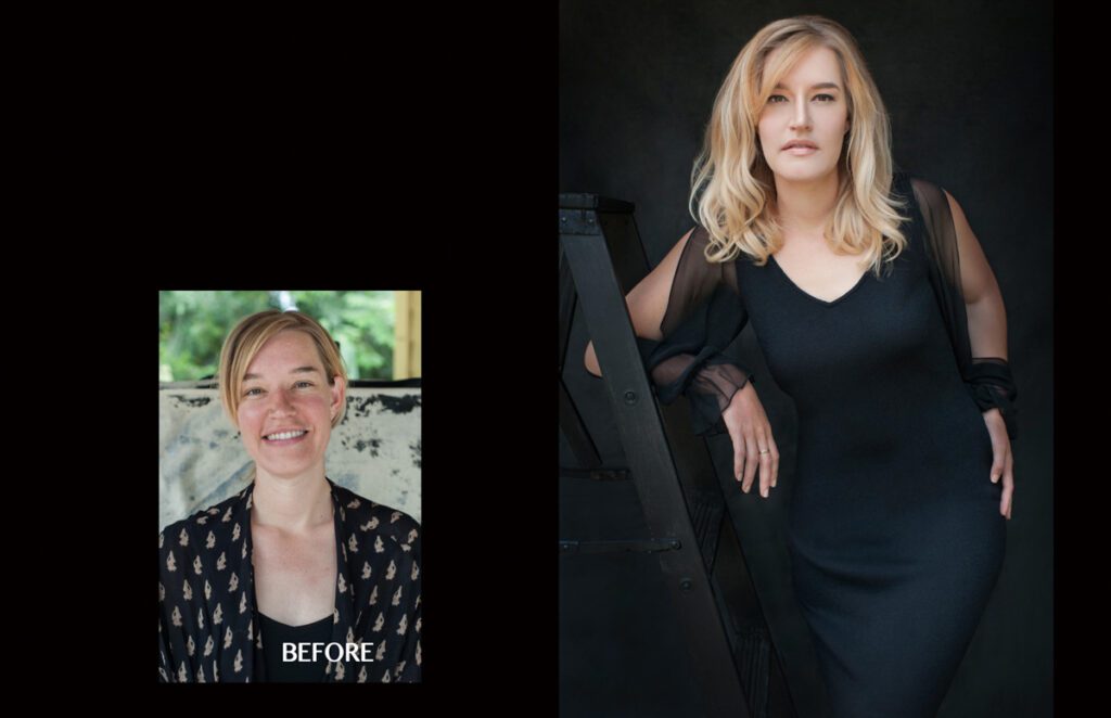 These before and after photos were created at the beginning of a portrait session. The young woman is wearing a black dress .It's form fitting , is sleeveless, and has a v-neck. She's leaning on a black ladder with a dark black backdrop behind her. She has a shawl of black tulle that's fallen down to her wrists. Her blond hair is past her shoulders and she's gazing at the camera. Image created by Rebecca Little Photography Pasadena, CA.