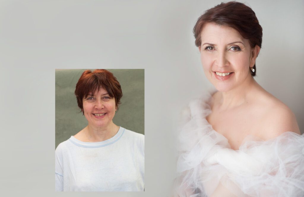 Aren't these before and after photos fabulous? She s facing a large window and her face is turned toward the camera. He bare shoulders are wrapped in white tulle. She's wearing small silver dangling earrings. Her short red-brown hair is styled smooth. Image created by Rebecca Little Photography Pasadena, CA.